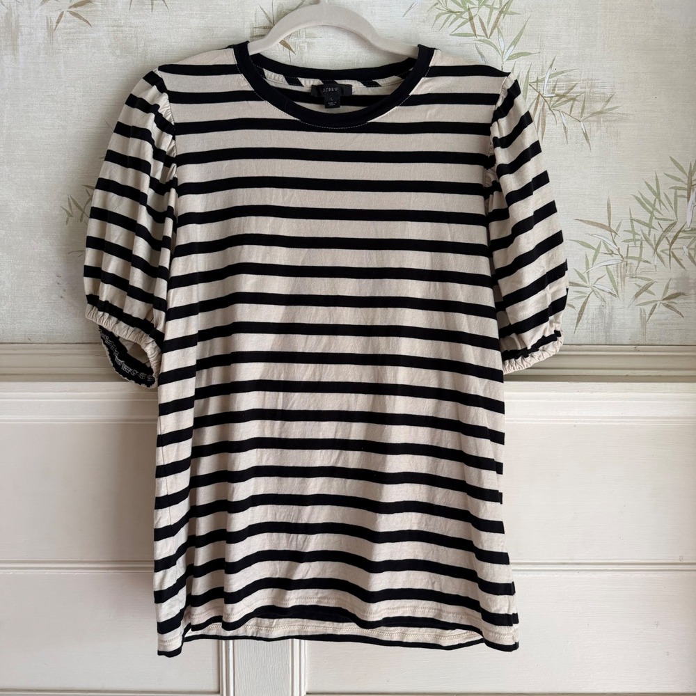 J.Crew Puff Sleeve Striped T-Shirt Black & Cream 100% Cotton Large Fall Basic